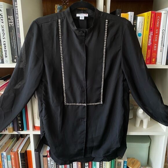 3.1 Phillip Lim Black Sheer Button-Up Crystal Tuxedo Blouse Women Size S - Picture 7 of 9